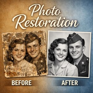 May include: A side-by-side comparison showing photo restoration. The left image is a damaged, sepia-toned photograph of a couple. The right image is a clear, restored black and white version of the same couple. Text reads Photo Restoration, BEFORE, AFTER.