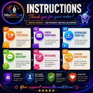 May include: A digital instruction graphic for an Etsy order with a dark background and neon accents. It outlines six steps: place order, check email, download file, have a question, revisions, and 24 hours ready to help, plus security icons.