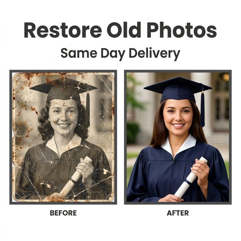 May include: A side-by-side comparison showing a damaged, sepia-toned vintage photograph of a graduate on the left labeled BEFORE and a digitally restored, clear color version of the same graduate on the right labeled AFTER, with text Restore Old Photos.