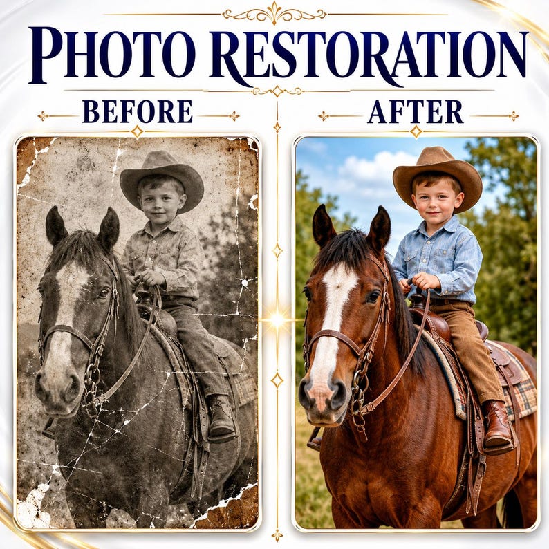Pu&ograve; includere: Un confronto di restauro fotografico affiancato intitolato PHOTO RESTORATION con le etichette BEFORE e AFTER. L'immagine a sinistra &egrave; una foto seppia danneggiata di un bambino con cappello da cowboy su un cavallo. L'immagine a destra &egrave; a colori.