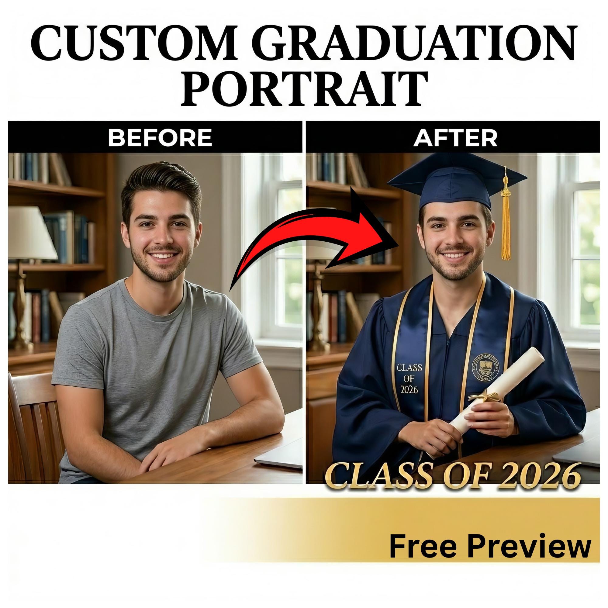 Custom Graduation Portrait From Photo , Cap and Gown Photo Edit , Class ...