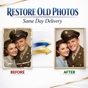 May include: A side-by-side comparison showing a damaged vintage photograph on the left labeled BEFORE and a restored version on the right labeled AFTER. The image features a smiling couple, with one person in a military uniform and cap.