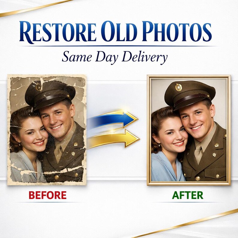 May include: A side-by-side comparison showing a damaged vintage photograph on the left labeled BEFORE and a restored version on the right labeled AFTER. The image features a smiling couple, with one person in a military uniform and cap.