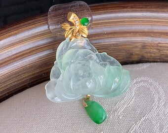 Lotus-Anhänger aus natürlichem Jadeit (Qualität A), Halskette mit schwebender Eisblume aus 18-karätigem Gold, burmesisches Jade-Geschenk für Sie, Geburtstag, Jahrestag, edler Schmuck