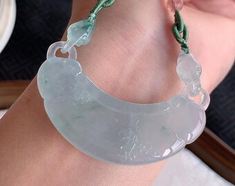 Natürlicher Anhänger aus eisiger Jadeitblume (Qualität A), handgefertigte Vintage-Ruyi-Halskette, echtes burmesisches Jade-Geschenk für Sie, Geburtstag oder Jahrestag