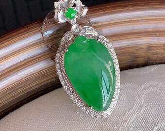 Natürlicher Jadeit-Melonenanhänger der Güteklasse A, 18-karätiges Weißgold mit Diamanten und leuchtend grünem Jade, burmesisches Jade-Geschenk für Sie, Geburtstag oder Jahrestag