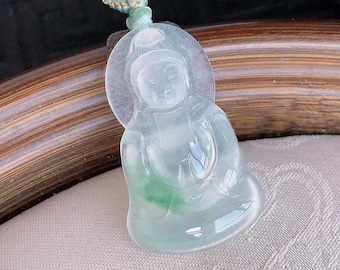 Guan-Yin-Anhänger aus Jadeit der Güteklasse A, Halskette aus eisgrünem Jade, handgeschnitztes Amulett