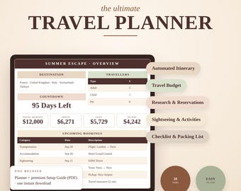 Travel Planner Spreadsheet Google Sheets | Trip Itinerary, Budget & Expense Tracker, Packing List, Bucket List | Reusable