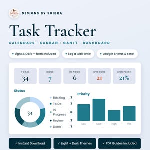 Task Tracker Spreadsheet, Google Sheets & Excel, Light/Dark Themes