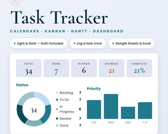 Task Tracker Spreadsheet, Google Sheets & Excel, Light/Dark Themes