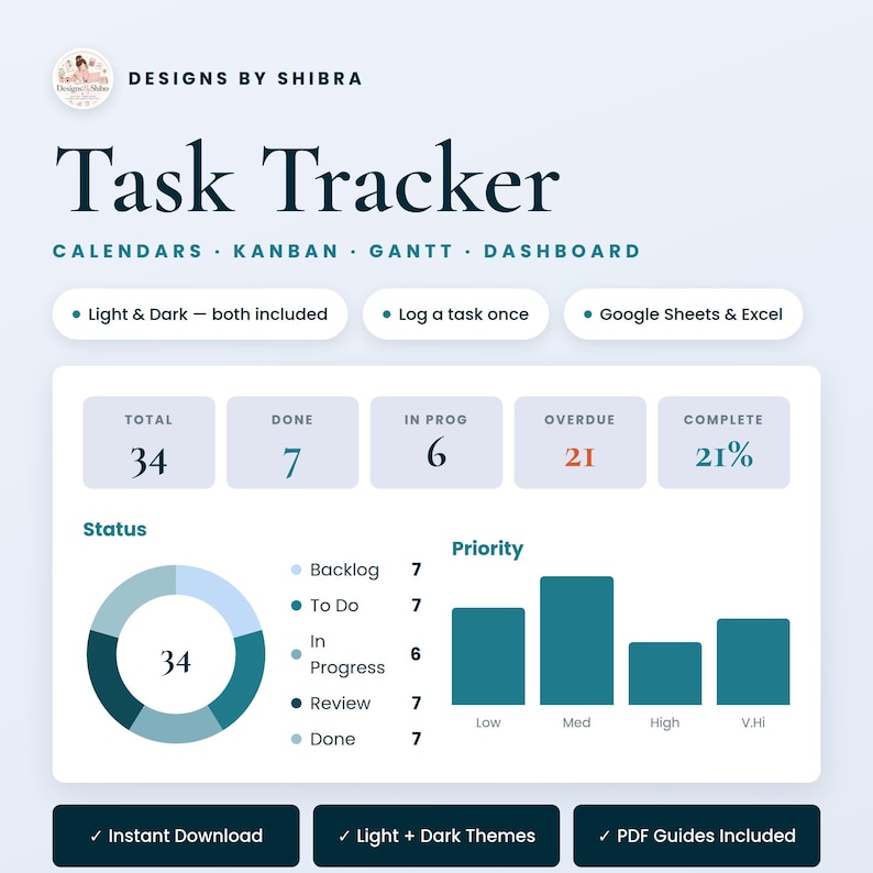 Task Tracker Spreadsheet, Google Spreadsheets en Excel, lichte/donkere thema's afbeelding 1