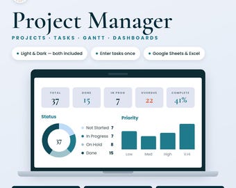 Project Management Spreadsheet Template | Gantt Chart, Task Tracker Dashboard | Google Sheets & Excel, Light+Dark