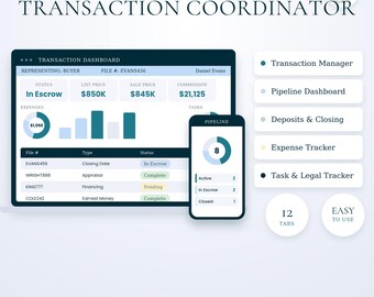 Real Estate Transaction Coordinator Google Sheets | Realtor Closing Checklist, Pipeline & Deal Dashboard Tracker Template