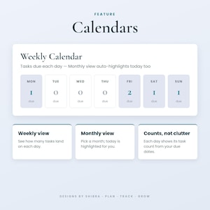 Op de afbeelding: Een digitale interface met de titel FEATURE Calendars toont een weekkalender met zeven kolommen voor de dagen van de week, elk met een taakaantal. Hieronder staan drie informatieve vakken met de labels Weekly view, Monthly view en Counts, not clutter.