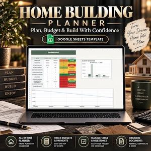 Plantilla de planificador de construcción de viviendas, plantilla de Google Sheets para organizar proyectos de construcción, hoja de cálculo para presupuesto, contratista y cronograma.