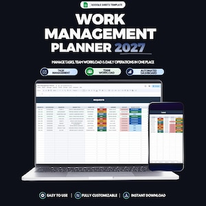 Work Management Planner Task Tracker Meeting Planner Time Tracker Organizer Project Schedule Productivity Tool Spreadsheet Dashboard