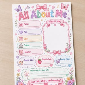 Cartello "Tutto su di me" per il primo giorno di scuola (stampabile per bambine), foglio di lavoro per intervista a studentesse, formato A4 e US Letter, attività per la classe dei bambini.
