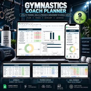 Planer trenera gimnastyki Monitorowanie aktywności sportowców Harmonogram treningów Postęp umiejętności Dziennik zawodów Zarządzanie zespołem Arkusze Google