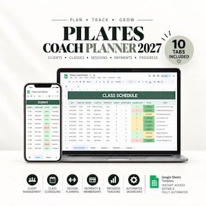 Planificador de instructores de Pilates, Horario de clases, Seguimiento de clientes, Organizador de sesiones, Registro de pagos, Registro de progreso, Gestión de estudio, Hoja de cálculo digital