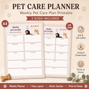 Puede incluir: Un planificador semanal de cuidado de mascotas imprimible con una cuadrícula para siete días, una sección de notas e ilustraciones de un perro y un gato. El documento incluye etiquetas para los días de la semana y formatos A4 y US Letter.