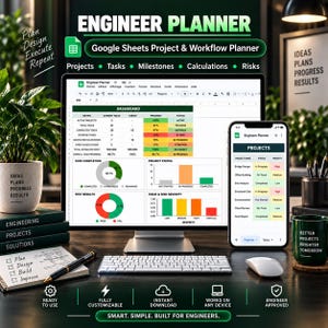 Engineer Planner Template Project Spreadsheet Workflow, Engineering Project Management Spreadsheet, Milestone, Risk & Calculation Log