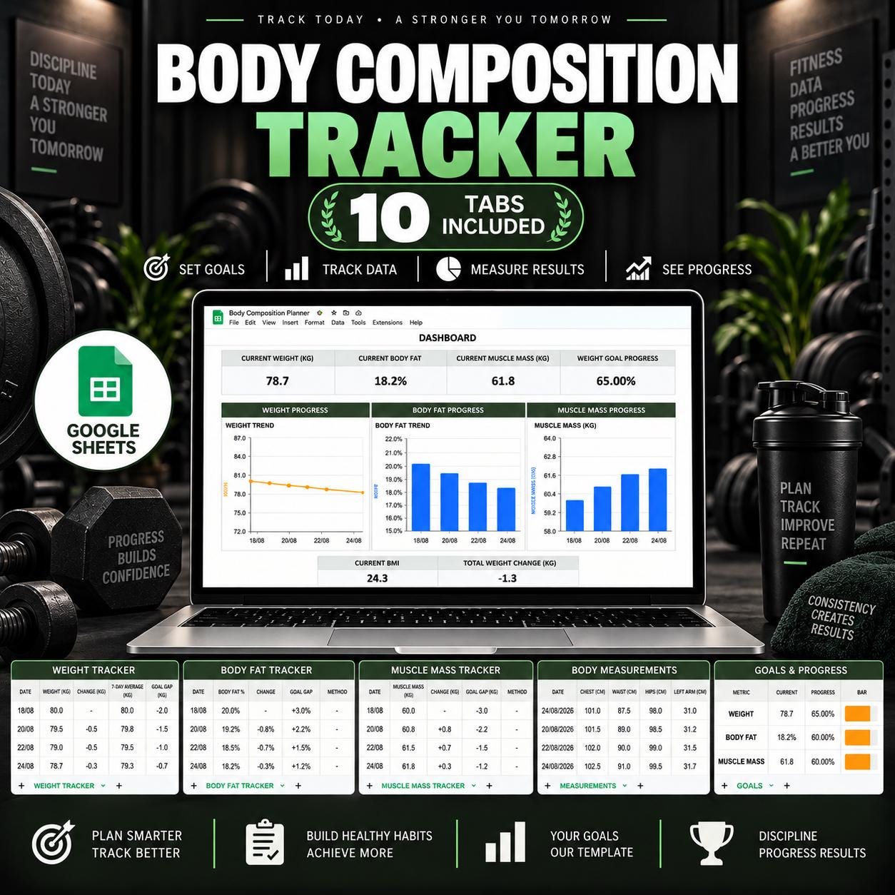 Body Composition Tracker Template Personalized Body Progress Google Sheets, Weight Body Fat & Muscle Mass Tracker