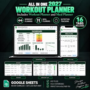 All in One Fitness Planner Template Google Sheets : Planner to Organize My Workouts and Meals