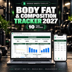 Lichaamsvetmeter, spreadsheet voor lichaamssamenstelling, logboek voor gewichtsvoortgang, fitnessstatistieken, Google Sheets-dashboard, doelenplanner