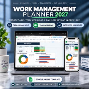 Werkbeheerplanner, taaktracker, vergaderplanner, tijdregistratie, organizer, projectplanning, productiviteitstool, spreadsheet-dashboard
