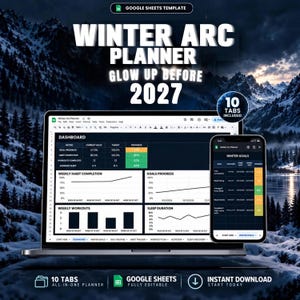 Planificador de invierno, reinicio de hábitos, rutina de ejercicios, seguimiento de disciplina, organizador de objetivos, registro de progreso de superación personal, Google Sheets