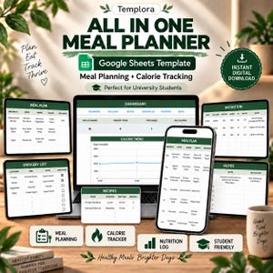 Meal Planner Template Google Sheets Calorie Tracker, Grocery List, Recipe Organizer, University Student Meal Planner