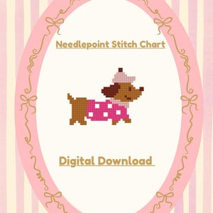 Könnte beinhalten: Digitaler Download mit einem Kreuzstichmuster. Die Grafik zeigt einen pixeligen Dackel mit einem rosa gepunkteten Mantel und passendem Hut. Das Design befindet sich in einem rosa Ovalrahmen mit goldenen Akzenten auf gestreiftem Hintergrund.