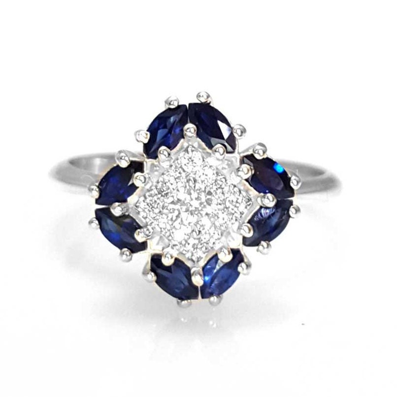 Sapphire and Diamond Engagement Ring in White Gold Marquise - Etsy