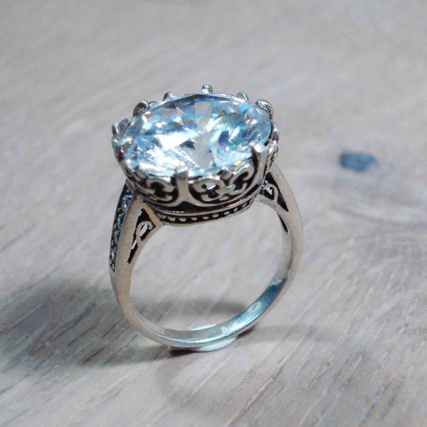 Sterling Silver Cocktail Ring with Clear Stone, Statement Silver Ring, Free Shipping