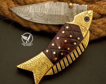 Navaja de pesca plegable de acero de Damasco hecha a mano - Navaja de pesca plegable de latón y palisandro grabada - Regalo único de aniversario o cumpleaños para hombres