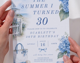 The Summer I Turned 30 Birthday Invitation Template | Beach Birthday Invite | Coastal Blue Hydrangea Party | Editable Canva Invite