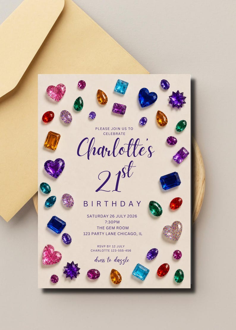 May include: A rectangular invitation card with a cream background decorated with colorful, multi-shaped gemstone illustrations. The text reads: Please join us to celebrate Charlotte's 21st Birthday, Saturday 26 July 2026, 7:30pm, The Gem Room, 123 Party Lane Chicago, IL, RSVP by 12 July Charlotte 123-555-456, dress to dazzle.