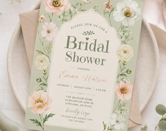 Floral Bridal Shower Invitation Template | Editable Canva | Sage Green Bridal Shower Invite | Wildflower Garden Party | Instant Download