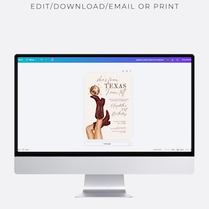 May include: A computer monitor displaying an editable digital invitation template featuring a disco ball, brown cowboy boots, and the text 'she's from TEXAS I can tell' along with event details for Elizabeth's 21st birthday on July 11, 2024.