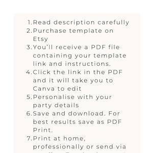 May include: An instructional graphic titled HOW IT WORKS with seven steps: 1. Read description carefully, 2. Purchase template on Etsy, 3. Receive a PDF file with link and instructions, 4. Click link to edit in Canva, 5. Personalize, 6. Save as PDF Print, 7. Print.