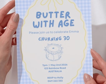 30th Birthday Invitation | Butter With Age Theme, Retro Yellow Invite (Digital Download)