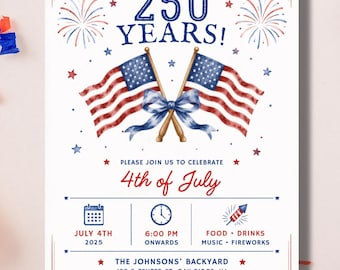 4th of July Party Invite | Cheers to 250 Years Invitation | America 250 Years Celebration | Editable Canva | Patriotic BBQ Invite | July 4th