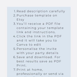 May include: A light blue informational graphic with the heading HOW IT WORKS in black text. The list includes seven steps: 1. Read description carefully, 2. Purchase template on Etsy, 3. Receive PDF with link, 4. Click link to edit in Canva, 5. Personalise, 6. Save and download as PDF Print, 7. Print or send digitally.