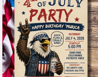 Rock Flag & Eagle 4th of July Party Invitation | Editable Canva Template | Patriotic BBQ Invite | July 4th 250 Invitation | Instant Download