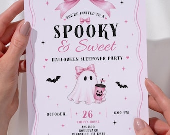 Cute Halloween Sleepover Party Invitation Template | Spooky Slumber Party Invite | Pink Halloween Pajama Party | Editable Canva
