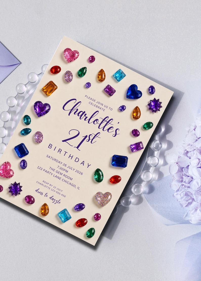 May include: A rectangular invitation card with a cream background featuring scattered colorful gemstone illustrations. The text reads: Please join us to celebrate Charlotte's 21st Birthday, Saturday 26 July 2026, 7:30pm, The Gem Room, 123 Party Lane Chicago, IL, RSVP by 12 July, dress to dazzle.