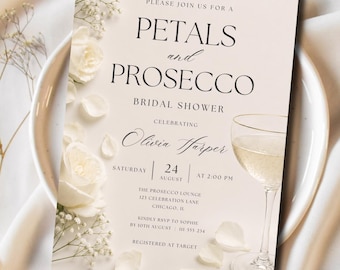 Petals & Prosecco Bridal Shower Invitation Template, Editable Bridal Shower Invite, Elegant Petals, Instant Download, Minimalist, Luxury