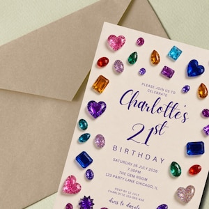 May include: A cream-colored birthday invitation card featuring a border of colorful, multi-shaped gemstone illustrations. The text reads: Please join us to celebrate Charlotte's 21st Birthday, Saturday 26 July 2026, 7:30pm, The Gem Room, 123 Party Lane Chicago, IL.