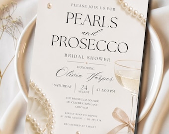 Pearls & Prosecco Bridal Shower Invitation Template, Editable Bridal Shower Invite, Elegant Pearl, Instant Download, Minimalist, Luxury