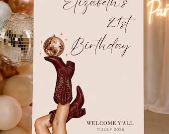 Western 21st Birthday Welcome Sign | Cowgirl Party Sign | Country 21st | Disco Cowgirl | Rodeo | Editable Canva Template | Instant Download